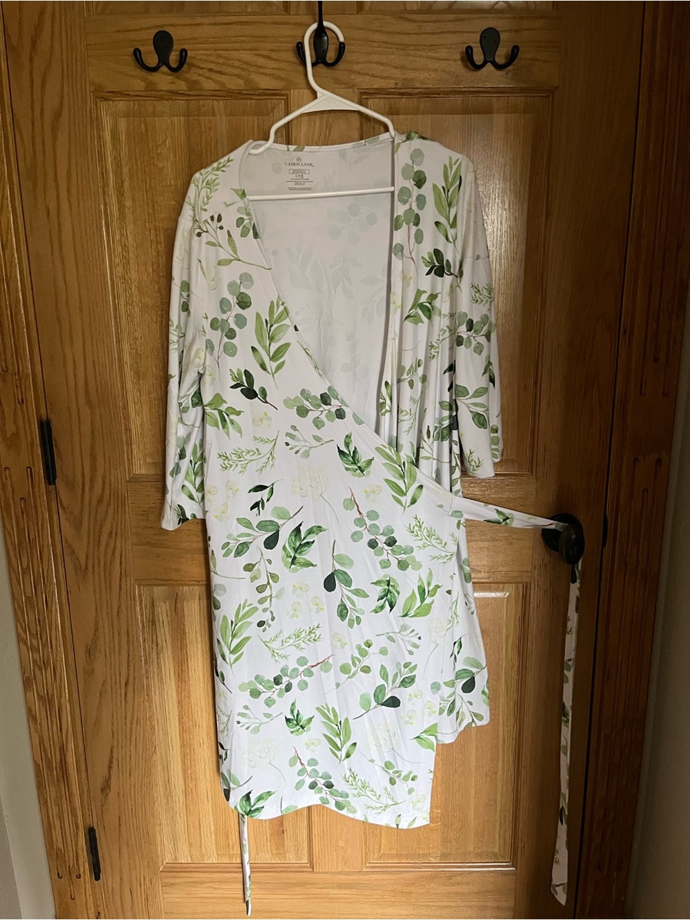 Caden Lane White Robe with eucalyptus Print maternity friendly